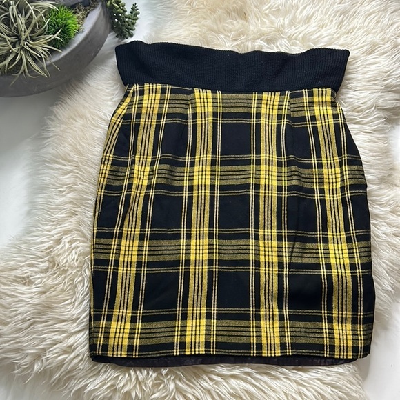 Vintage Joseph Vincent Plaid Yellow Black mini pencil skirt knit upper size 6 - Picture 1 of 7
